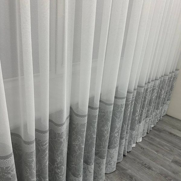 Жакардова тюль 3х2.7м білого кольору з сірим візерунком по низу TJn-3 silver фото