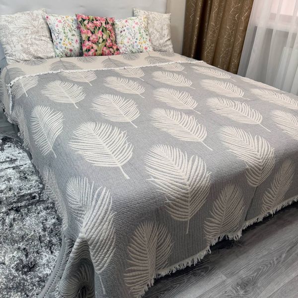 Лляне плед покривало Ліана з тороками листок сіре 200x230 євро Rm-Liana-4-3 фото