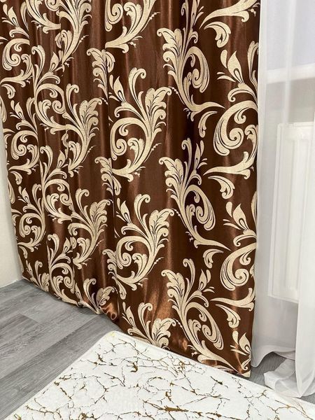 Элегантные шторы soft blackout шоколадный цвет с бежевым вензелем 150x270 см (2шт) - для спальни или гостиной 202-2 фото