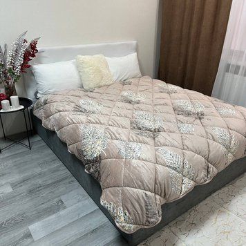 Тепла ковдра плюш з овчиною півтораспальна 150х210 см бежева листя LM-023-13 (1.5) фото