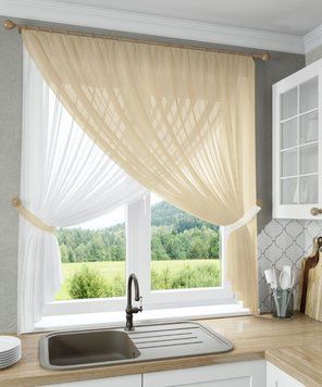 Красива кухня гардину бежевого кольору. Фіранка із шифону на кухню, дитячу, спальню.   Megan - 25  фото