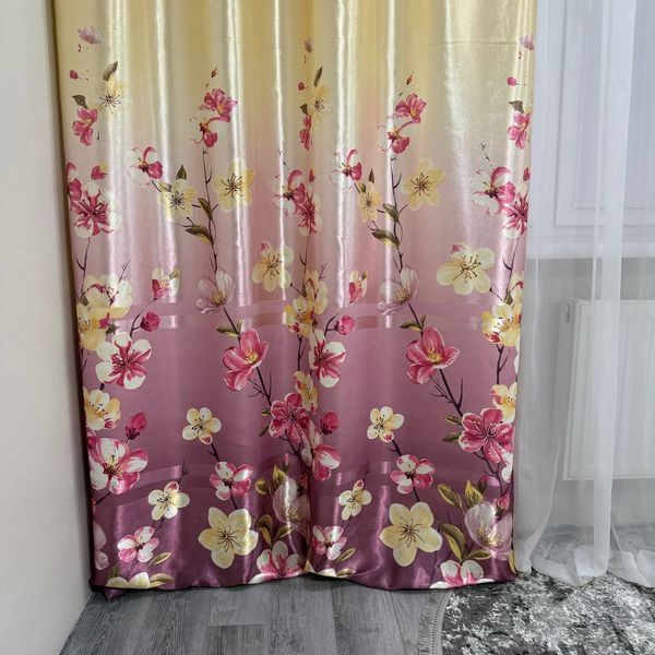Атласні штори Камала фіолетові з квітами 150x270 см 2 шт на тасьмі Kamala-1 фото