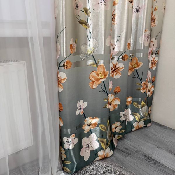 Атласні штори Камала бірюзові з квітами 150x270 см 2 шт на тасьмі Kamala-2 фото