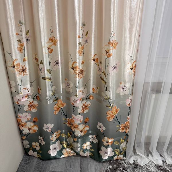 Атласні штори Камала бірюзові з квітами 150x270 см 2 шт на тасьмі Kamala-2 фото