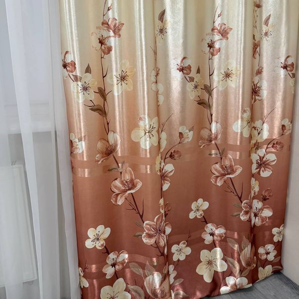 Атласные шторы Камала коричневые с цветами 150x270 см 2 шт на тесьме Kamala-3 фото