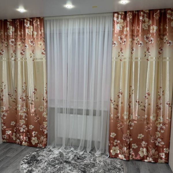 Атласные шторы Камала коричневые с цветами 150x270 см 2 шт на тесьме Kamala-3 фото
