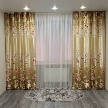 Атласні штори Камала оливкові з квітами 150x270 см 2 шт на тасьмі Kamala-4 фото