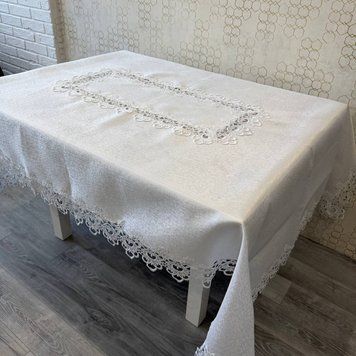 Скатертина Аміна біла з мереживом 150х300 см поліестер Sv-amina-19 фото