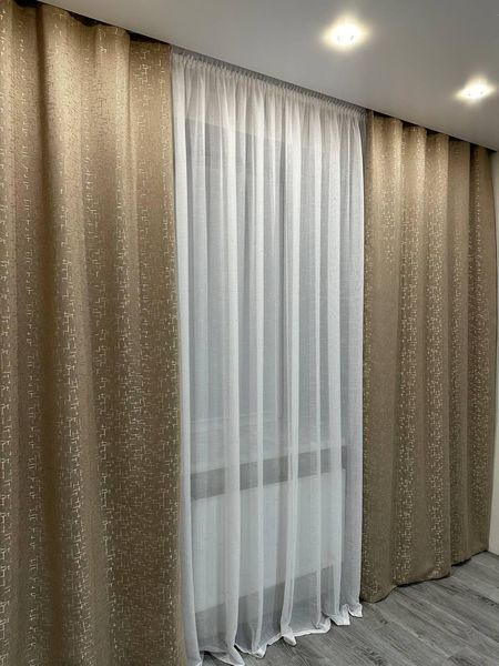 Стильні та якісні штори бежевого кольору, розмір 150*270см (2шт), льон-блекаут рогожка для спальні або вітальні М22-13 фото