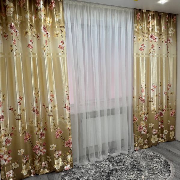 Атласные шторы Камала оливковые с цветами 150x270 см 2 шт на тесьме Kamala-4 фото