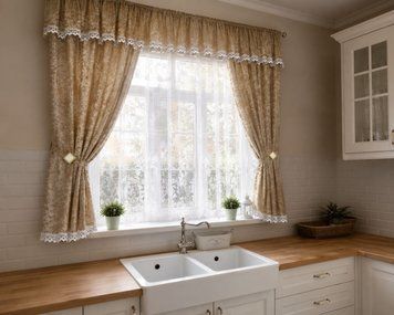 Коротка кухонна занавіска Мілана бежева жакард 300х170 см на тасьмі Milana-1 фото