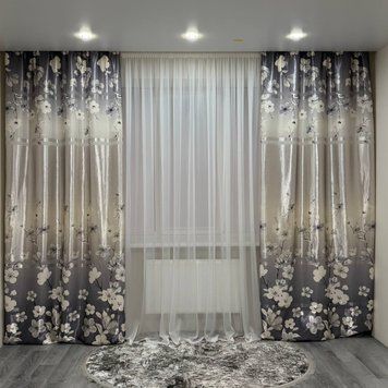 Атласні штори Камала сірі з квітами 150x270 см 2 шт на тасьмі Kamala-5 фото