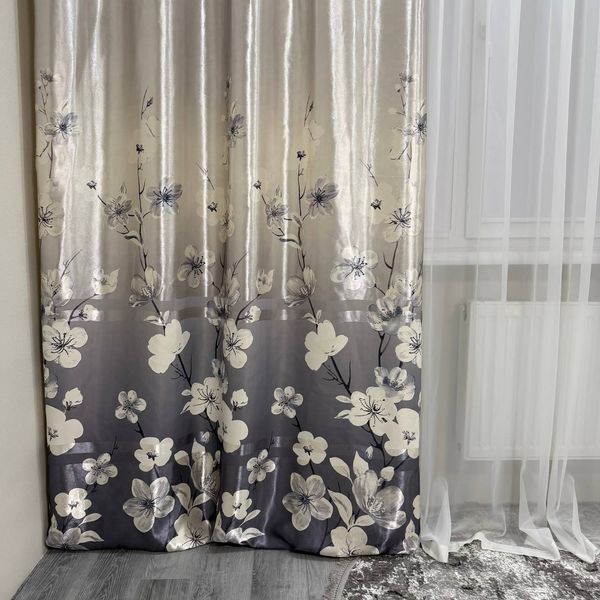 Атласные шторы Камала серые с цветами 150x270 см 2 шт на тесьме Kamala-5 фото