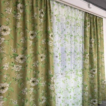 Набір штор з тюллю Евеліна оливковий з бежевим принтом (2 штори по 1.5м + тюль 4м) висота 2.6м Evelina-15 фото