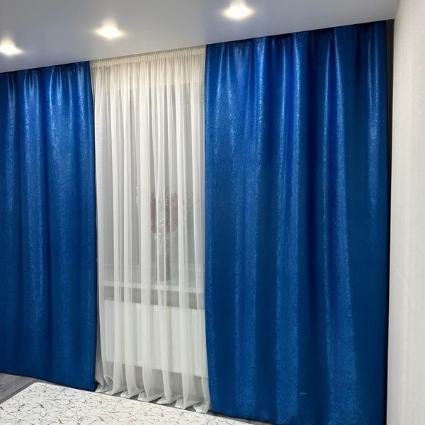 Штори з тюллю софт-блекаут (150х270 см, 2 шт. синій колір штор  і тюль 400х270см білого кольору готові на тасьмі) ART: SHT 250 - 16 фото