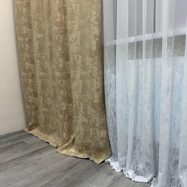 Набір готових  пошитих жакардових штор із мармуровим візерунком у бежевому кольорі 2шт. розмір 1.5м*2.7м М23-5 фото