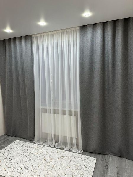 Готовий комплект штор рогожка на тасьмі розмір 150*270 см (2шт) темно-сірого кольору М5-12 фото