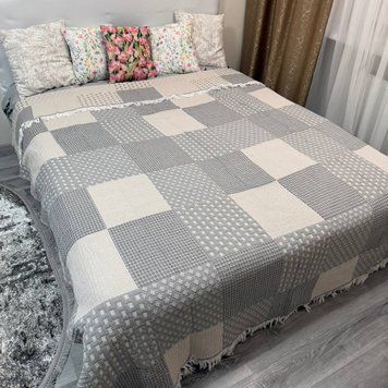 Лляне плед покривало Ліана з тороками квадрати кавове 200x230 євро Rm-Liana-2 фото