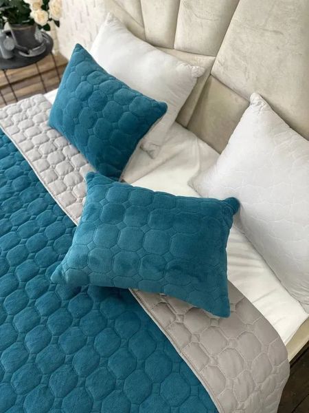 Покрывало стеганое велюровое Роуз 220х240 с подушками 60х40 бирюза Cap-Rose-7 фото