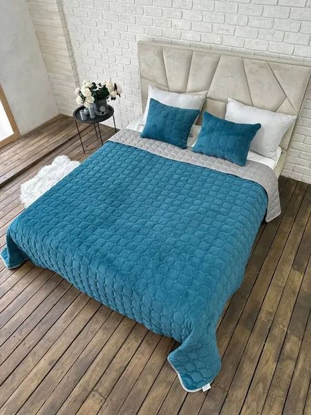 Покрывало стеганое велюровое Роуз 220х240 с подушками 60х40 бирюза Cap-Rose-7 фото