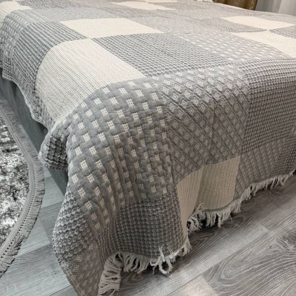 Лляне плед покривало Ліана з тороками квадрати кавове 200x230 євро Rm-Liana-2 фото