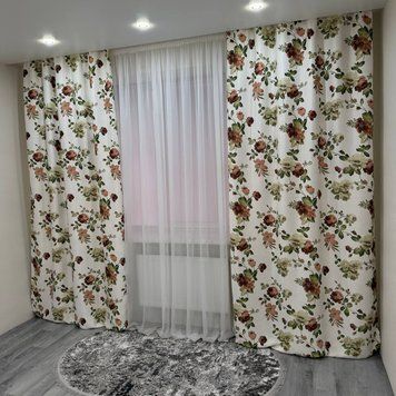 Атласні штори Ема молочні з коричневими квітами 150х270 см 2 шт Ema-2 фото
