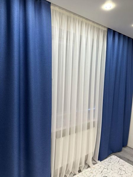 Готовий комплект штор рогожка синього кольору на тасьмі розмір 150*270 см (2шт) М5-16 фото