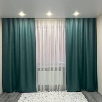 Комплект штор рогожка бірюзовий 150*270 см на тасьмі (2шт) М5-19 фото