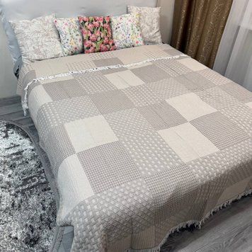 Лляне плед покривало Ліана з тороками квадрати бежеве 200x230 євро Rm-Liana-2-3 фото