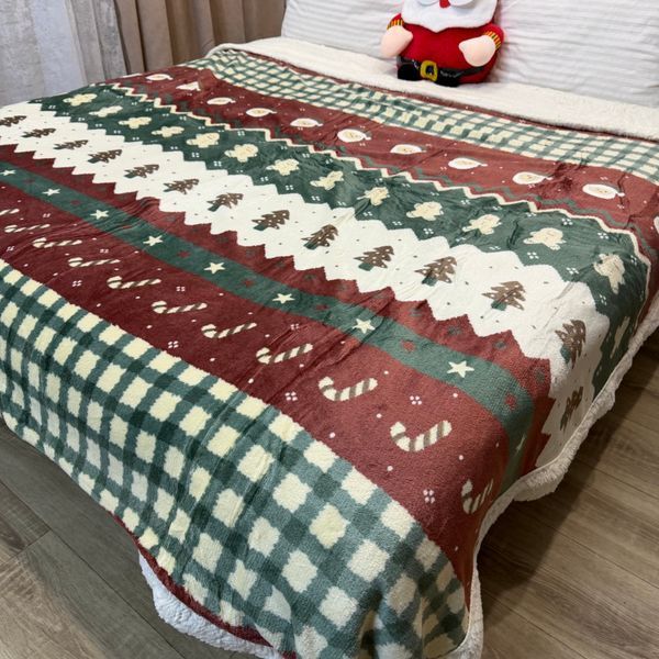 Плед новогодний Холли евро "Полоски" зеленый+бордовый 200&times;230 см с искусственной овчиной Holly-1-EU фото