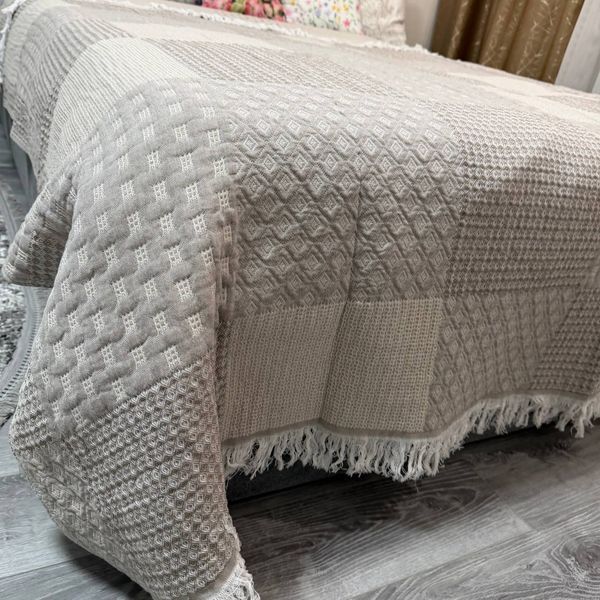 Лляне плед покривало Ліана з тороками квадрати бежеве 200x230 євро Rm-Liana-2-3 фото