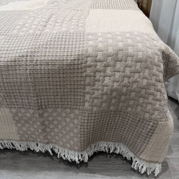 Лляне плед покривало Ліана з тороками квадрати бежеве 200x230 євро Rm-Liana-2-3 фото