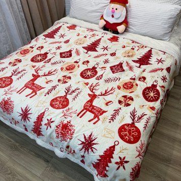 Плед новогодний Холли евро "Красные игрушки" молочный 200&times;230 см с искусственной овчиной Holly-2-EU фото
