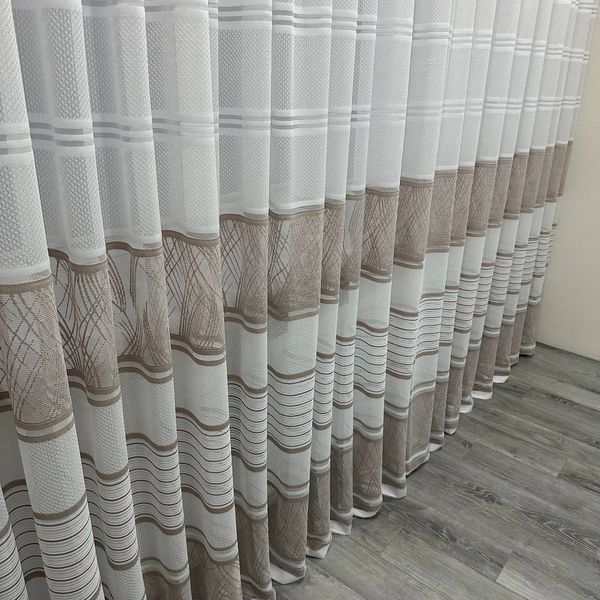 Жакардова тюль 3х2.7 м білого кольору з кавовими смужками TJ29-3 фото