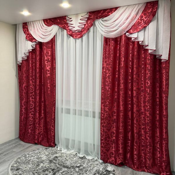 Шторы с ламбрекеном "Дана" бордового цвета на карниз 3м. Dn-7 фото