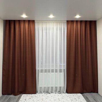 Комплект штор теракотового кольору рогожка на тасьмі розмір 150*270 см (2шт) М5-7 фото