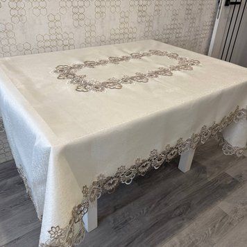 Скатертина Аміна молочна з кавовим мереживом 150х360 см поліестер Sv-amina-13 фото