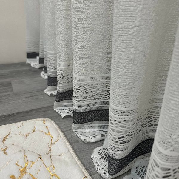жакардова тюль з вишивкою молочного кольору з сірими смужками   розмір 5х2.7м TJ26-5 фото